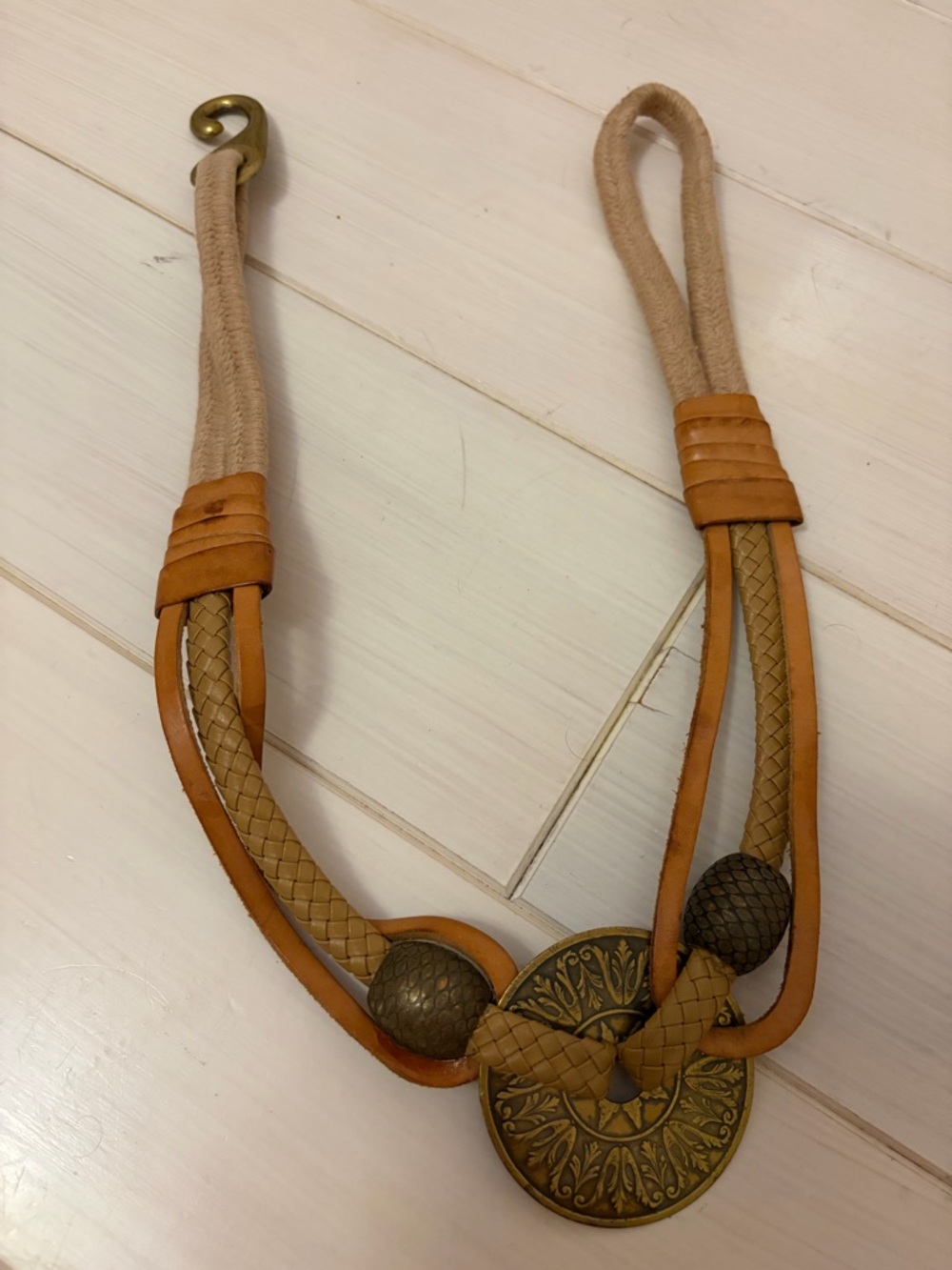 Free People Tan Braided Leather Belt with Antiqued Brass Medallion